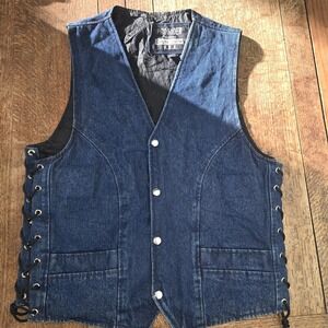 Vintage Y2k Denim Biker Vest Mens Size 40 Leather Pro Rider Punk Glam Lace Sides